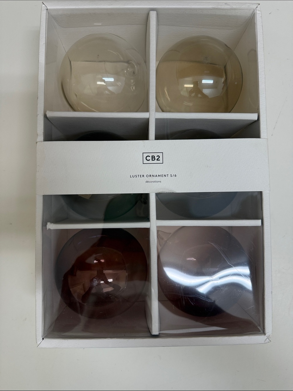 NIB CB2 Luster Glass Ornament Set - Amber, Smoke, Green, Burgundy, Brown, Ivory